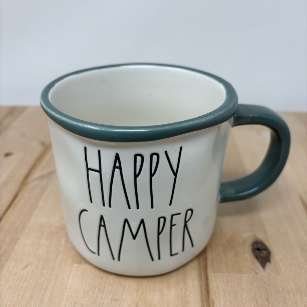 Rae Dunn HAPPY CAMPER Mug White with Green Trim and Handle Black Lettering New